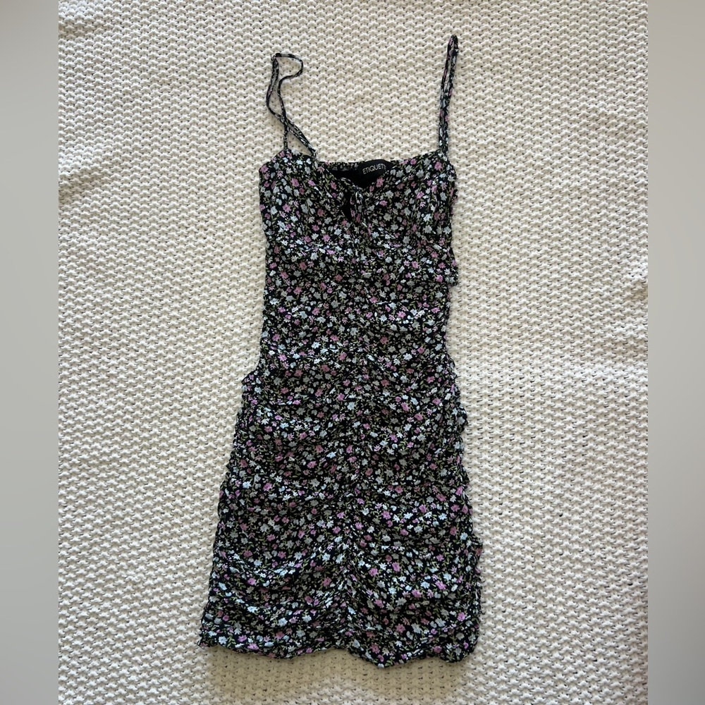 Etiquette Boutique Ruched Floral Mini Dress